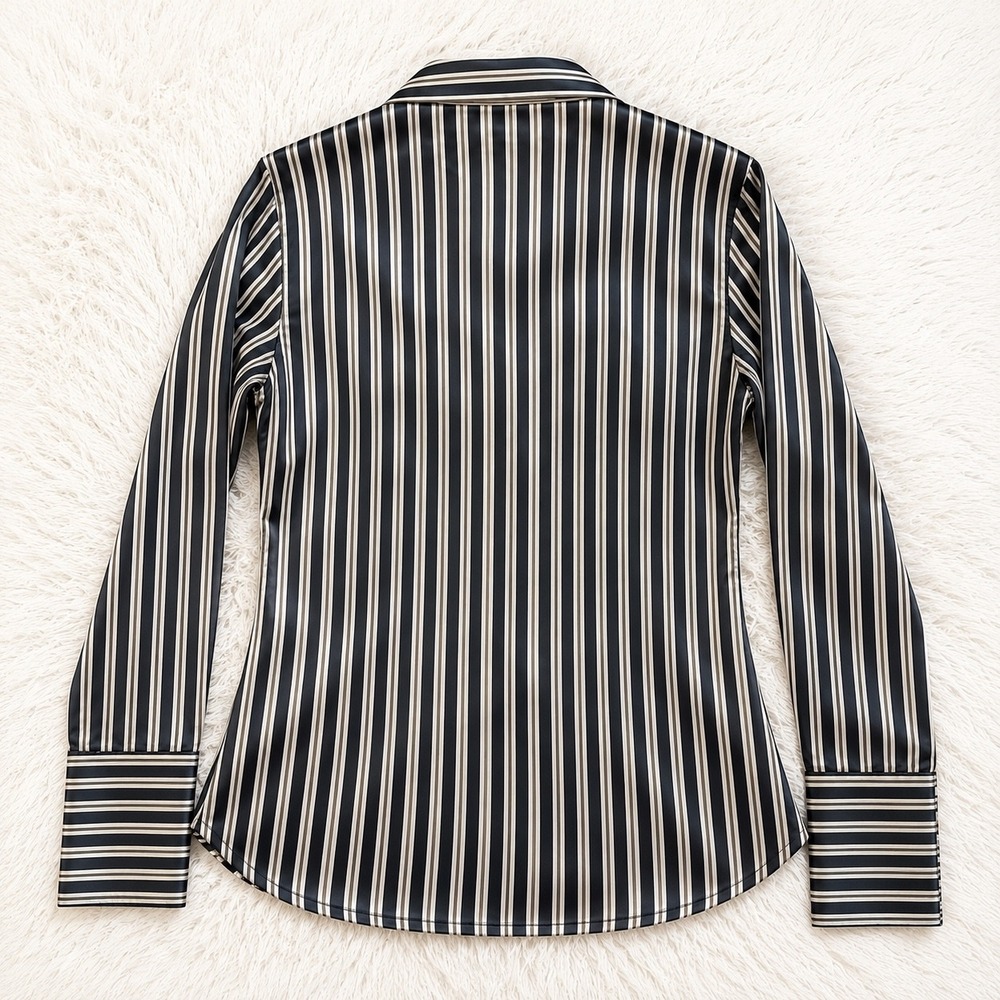 Zara Basic Striped Satin Stretch Button Down Shirt Womens S Black White Office - Picture 8 of 10